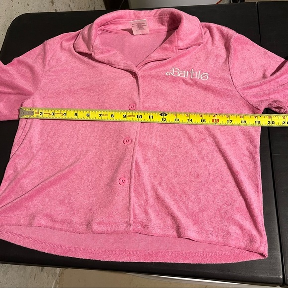 Barbie Terry Cloth Button Down Shirt Short Sleeve Lounge Pink Womens Medium - Picture 5 of 6